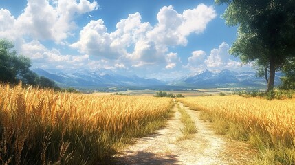 Poster - Golden Wheat Field Path with Mountain View