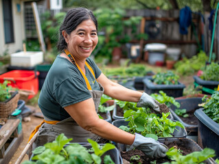 A woman is smiling while tending to her garden. She is wearing an apron and gloves and is working on a raised bed filled with plants