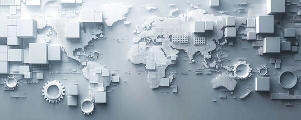 Poster - Abstract 3D world map with geometric shapes and gears on gray background for presentations or design projects
