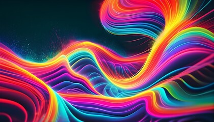 Psychedelic retro wave illustration with neon lines, luminous patterns, and multicolor textures creating an iridescent glow and geometric flow