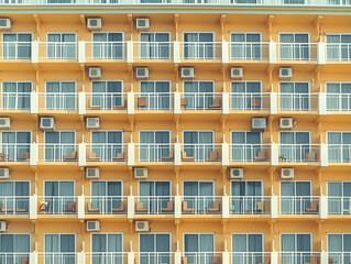 Wall Mural - abstract geometric design formed by rows of identical hotel room windows, captured in low lighting.