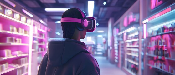 Poster - A person wearing a virtual reality headset in a futuristic environment filled with vibrant colors and technology.