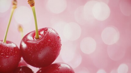 Wall Mural - Fresh cherries glistening on a soft pink background, capturing summer's sweetness