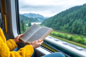 A person reading a novel on a train, immersed in a fictional world while the scenery passes by the window