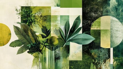 Wall Mural - Abstract Green and White Collage with Geometric Shapes and Foliage