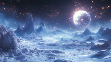 Wall Mural - a fantastical landscape with a giant glowing moon, lush trees, and starry sky