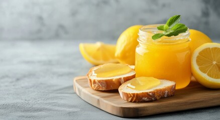 Wall Mural - Fresh lemon curd served in a jar with lemon slices and bread on a wooden cutting board