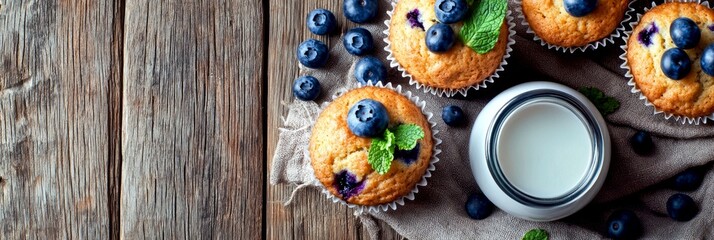 Wall Mural - Freshly baked blueberry muffins served on a rustic wooden table. Enjoy the tempting aroma and delightful flavor. Ideal for breakfast or a sweet snack break. AI