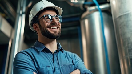 Poster - An engineer wearing a hard hat and glasses stands confidently in an industrial facility, observing equipment and ensuring safety during ongoing operations