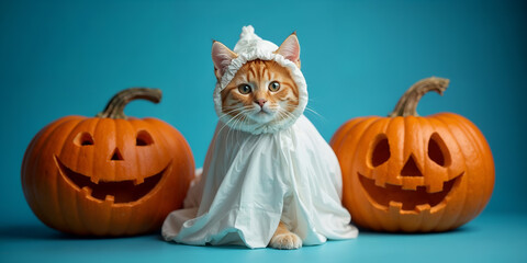 A cat in a ghost costume sits between two carved pumpkins on a blue background creating a Halloween atmosphere