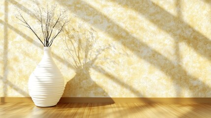 Poster - A beautifully designed white vase holds delicate branches, creating lovely shadows against a textured yellow wall. Sunlight fills the airy space, illuminating the wooden floor