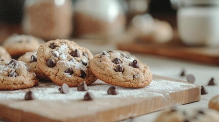 Homemade chocolate chip cookies on a wooden board with flour and chocolate chips scattered