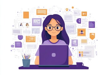 Poster - Cartoon girl working at her desk surrounded by digital communication and creativity icons
