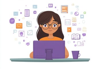 Poster - Cartoon girl with glasses working at desk surrounded by digital icons representing online communication and organization
