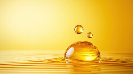 Poster - Golden water droplets fall gracefully, creating delicate ripples on a calm surface. The soft lighting enhances the serene atmosphere, emphasizing the tranquility of the moment