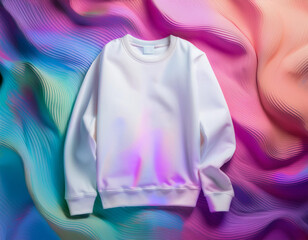 White sweatshirt mockup on a vibrant bright colored background with iridescent flowing texture
