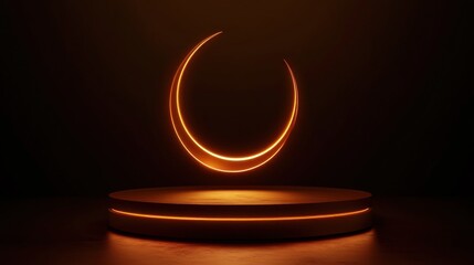 Poster - Soft lights illuminate a crescent shape resting on a circular platform, casting a warm glow in a darkened space, evoking tranquility and simplicity