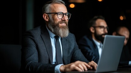 Poster - A man with a beard and glasses is focused on his laptop, participating in a business meeting in a sleek office environment. Colleagues are engaged in conversation nearby
