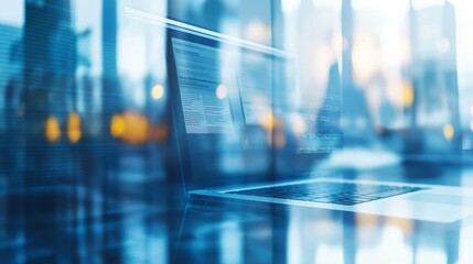 Blue-toned laptop with coding on the screen is sitting on a reflective surface with a blurred cityscape in the background.