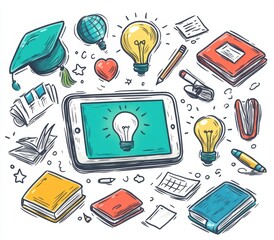Poster - Cartoon-style drawing of an iPad with creative elements symbolizing knowledge and innovation