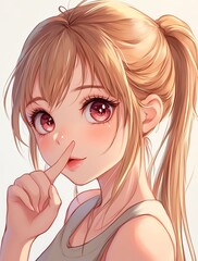 Canvas Print - Anime girl with long blonde hair and pink eyes touching her nose, cute and adorable