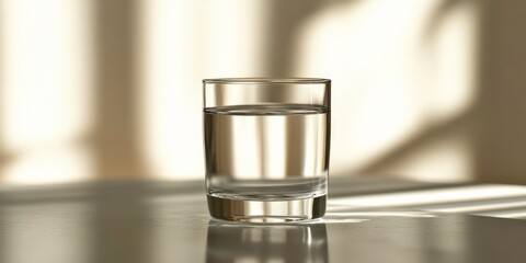 Poster - A clear glass filled with water sits on a reflective surface. Soft shadows dance around it, creating a calm atmosphere. This image captures simplicity and tranquility. AI.