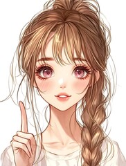 Poster - Cute Anime Girl with Brown Hair and Braided Ponytail, Illustration