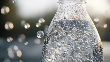 Close-up of a Glass Bottle Filled with Sparkling Water with Bubbles