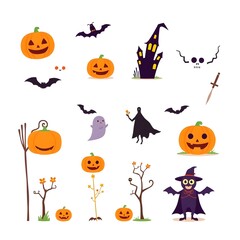 Flat halloween element collection on white background AI generated