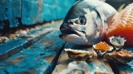 Wall Mural - Freshly caught fish, oysters, and salmon display vibrant colors and textures on a rustic wooden surface, evoking a sense of maritime bounty and freshness.