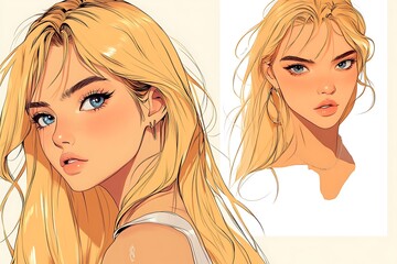 Sticker - Anime Style Blonde Hair Girl Illustration, Portrait, Face, Eyes, Art