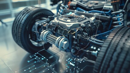 Detailed view of an automotive engine in a high-tech garage, showcasing engineering brilliance and intricate components.