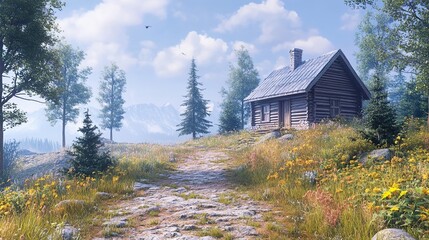 Sticker - Charming Log Cabin in a Mountain Meadow