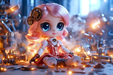 Poster - A cute steampunk doll with pastel pink hair and gears for eyes, sitting in a workshop filled with glowing mechanical parts. Her copper dress shimmers as steam rises from the machines around