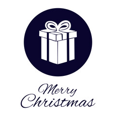 Box with a gift and congratulatory text “Merry Christmas”. Round flat icon. Vector on white background