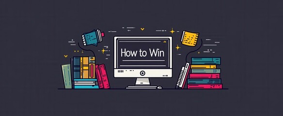 Poster - Colorful illustration of a computer with 'How to Win' on the screen, surrounded by books and digital elements symbolizing knowledge and success