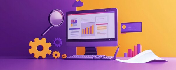 Poster - Computer screen displaying web pages with magnifying glass and gears indicating website development and analysis in vibrant purple and yellow setting