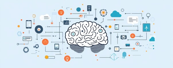 Poster - digital brain with interconnected technology icons representing ai, data, and innovation in a virtua