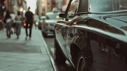 A nighttime urban street with a shiny black car in focus, set against a backdrop of illuminated buildings and a city glow.