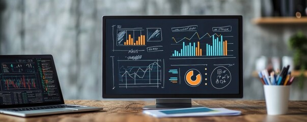 Poster - Digital drawing of business graphs and analytics on a chalkboard style canvas with laptops on a wooden desk, representing data visualization and analysis
