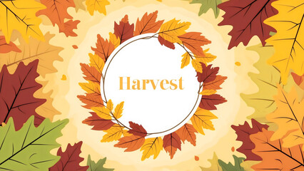 A cheerful Thanksgiving scene with illustration of a white round frame, adorned with colorful autumn leaves in word 