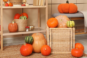 Canvas Print - Shelving unit with wicker basket of different pumpkins near beige wall