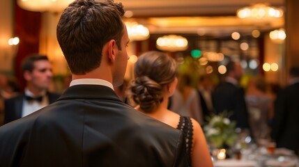 a man and woman standing in a formal setting at a formal event