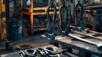 Wall Mural - Industrial hooks hang from chains in a workshop, embodying a vintage and functional charm.