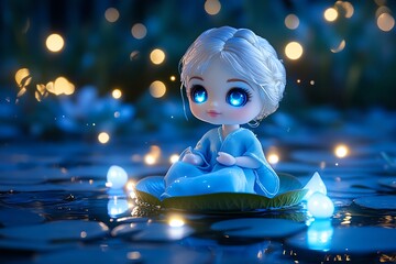 Wall Mural - A doll dressed in a pastel blue gown, sitting on a floating lily pad in a magical lake under a starlit sky. Her glowing blue eyes reflect the soft light of the stars, and glowing fish swim beneath