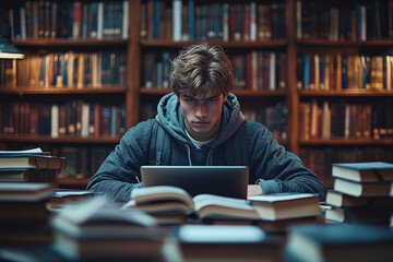 Sticker - A young adult studying at a desk with books and a laptop, representing education and self-improvement.