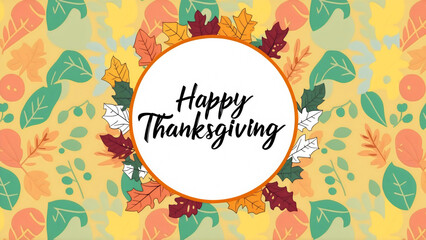 Happy Thanksgiving illustration with a white frame, colorful leaves and ample copy space on a vibrant background, greeting card