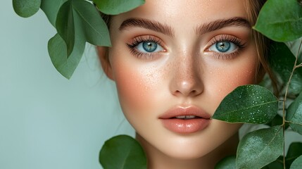 Wall Mural - A woman with blue eyes is surrounded by green leaves