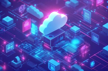 Poster - digital illustration of cloud technology and data storage in a futuristic circuit board environment