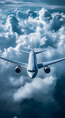 Airplane flying through blue sky with fluffy white clouds, commercial jet soaring high above cloudscape, air travel and tourism concept, scenic flight journey view, aviation adventure scene